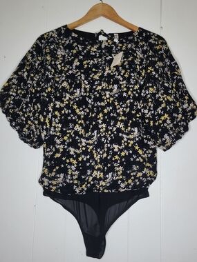 Free People Black Floral Puff-Sleeve Bodysuit with Yellow & White Print